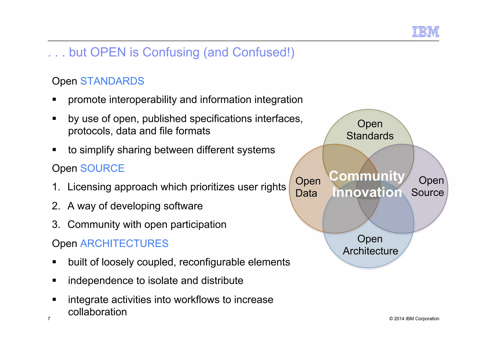 © 2014 IBM Corporation
. . . but OPEN is Confusing (and Confused!)
Open STANDARDS
§  promote interoperability and information integration
§  by use of open, published specifications interfaces,
protocols, data and file formats
§  to simplify sharing between different systems
Open SOURCE
1.  Licensing approach which prioritizes user rights
2.  A way of developing software
3.  Community with open participation
Open ARCHITECTURES
§  built of loosely coupled, reconfigurable elements
§  independence to isolate and distribute
§  integrate activities into workflows to increase
collaboration7
Open
Standards
Open
Architecture
Open
Source
Open
Data
Community
Innovation
 