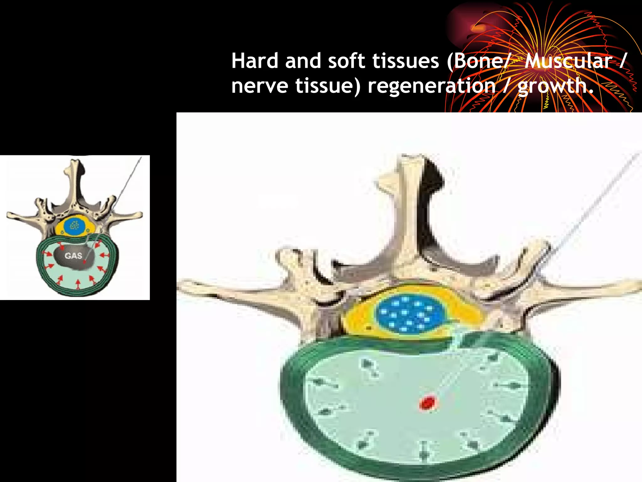 Hard and soft tissues (Bone/  Muscular /nerve tissue) regeneration / growth. 