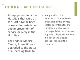 +
OTHER NOTABLE MILESTONES
• All equipment for some
Hospitals that were at
the Port have all been
released for installatio...