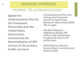 +
HIV/AIDS , TB and Malaria Control
• Signed the
Implementation Plan for
the Framework
Partnership with the
United States
...