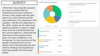 SURVEY
I think that I was using this question
as a way to confirm that the
emotional horror that I wanted to
convey in this project was the right
option as a horror theme and this
was confirmed in the response to this
question. I did like the responses in
the ‘other’ section as the were more
useful as pointers in ways to create
fears more the overall themes that
fear can be based on. I think that the
responses to this question have
given me more confidence in my
concept as I’m now more sure of the
appeal. Emotional horror to me
means horror that feel personal and
linked to feelings and experiences
that many people will have faced
before.
 