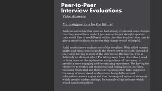 Video Answers
Main suggestions for the future:
Each person before this question had already explained some changes
that they would have made. I just wanted to ask straight up what
they would like to see different within the video to allow them time to
give a proper explanation to why this change would be helpful.
Rafal needed more explanations of the storyline. With added camera
angles and visual cues to guide the viewer down the story, instead of
the viewer having to decrypt the information themselves. This is
definitely an element which I'm taking away from this video. I need
to focus more on the explanation and guidance of the viewer, to
provide a more engaging and entertaining experience. Not having the
viewer try to work it out themselves and feeling lost in the video,
becoming frustrated and then cleaving altogether. Rafal suggested
the usage of more visual explanations, being different and
informative camera angles and also the usage of animated elements
which provide understandings, for example a lap indicator which
would have been perfect.
Peer-to-Peer
Interview Evaluations
 