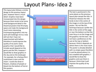 Layout Plans- Idea 2
Image
Small background graphics
Main cast
Title
Small background graphics
This layout plan follows a similar
design to the previous layout
plan, however there is much
detail. Graphics have been
incorporated into this design
because there tends to be some
small background detail in the
theatrical posters that fill empty
space and make the background
much more interesting.
Encompassing graphics into my
work will challenge me to a new
skill set that I have not
experimented with before
therefore it could improve the
quality of my work. Some
graphics that I would like to
include would depend on the
genre and the film, however I
would like to draw graphics in
the sky and on the landscape
.For example, for a fantasy film I
could draw in stars and the
moon. I could also draw in
flowers, shadows of people or
blood into the bottom of horror
film posters.
The text is positioned in the
same places as the previous
layout plan except the title. In
theatrical releases the title
tends to be in the centre of
the image or at the top of the
poster. I do not like this
technique because I prefer the
title in the centre of the page
or near the bottom so that the
main focus is on the image and
the graphics not the text. I do
not have a preference on the
cast at the top or bottom
because I think it depends on
where there is the most room.
The poster is already detailed
with no empty space therefore
it cant be placed where it is
too crowded with graphics. I
would like to draw the
graphics and scan them in
because I think that it will
improve the quality of my
work.
 