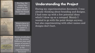 Understanding the Project
During my experimentation document, I was
already thinking about branding and designs.
I had come up with a few potential ideas
which I drew up on a notepad. Mainly I
wanted to go with the point design anyway,
but also experimenting with other names and
designs don’t hurt.
For Gap, the
centre line
would be the
object which I
based the brand
around
Point's focus is
on the Cross X
or 'point' it
creates
Motion would play
with the arrows.
Different sizes and
shapes of arrows I
had in mind were
in the
experimentation
document
 