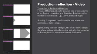 Production reflection - Video
Transition 2; Bullet and breaker
I wanted this transition to use only one of the squares
of my logo to transition in a direction. I plan to make
one for each direction: Up, Down, Left and Right.
Starting, I imported the shapes file and added the
appropriate bullet shape.
Again, using position changes, the frame starts empty,
the shape enters initially moving quickly, slowing down
as It completes its movement across the frame.
 