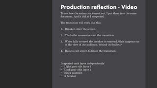 Production reflection - Video
To see how the animation turned out, I put them into the same
document. And it did as I suspected.
The transition will work like this:
1. Breaker enter the screen.
2. The bullet crosses to start the transition
3. When fully covered the breaker is removed, (this happens out
of the view of the audience, behind the bullets)
4. Bullets exit screen to finish the transition.
I exported each layer independently:
• Light grey edit layer 1
• Dark gray edit layer 2
• Black diamond
• X breaker
 