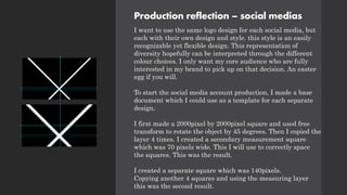Production reflection – social medias
I want to use the same logo design for each social media, but
each with their own design and style. this style is an easily
recognizable yet flexible design. This representation of
diversity hopefully can be interpreted through the different
colour choices. I only want my core audience who are fully
interested in my brand to pick up on that decision. An easter
egg if you will.
To start the social media account production, I made a base
document which I could use as a template for each separate
design.
I first made a 2000pixel by 2000pixel square and used free
transform to rotate the object by 45 degrees. Then I copied the
layer 4 times. I created a secondary measurement square
which was 70 pixels wide. This I will use to correctly space
the squares. This was the result.
I created a separate square which was 140pixels.
Copying another 4 squares and using the measuring layer
this was the second result.
 