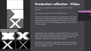 Production reflection - Video
I now had to input the position changes for one of the
squares.
Here is the movement of this respective layer:
It moves in fast and slows down as it approaches the center
of the screen. Using the Bezier position changes, the motion
looks smooth as the shape slides into position. I then copy
this movement to each individual gray side, so they move at
the same speed.
I copied the same movement to the black X layers, however I
offset the animation of these shapes by 10 frames, so the edit
layer opens first and the black squares follow closely. This
provides a 3D look as the logo closes inwards.
To finish the transition, I want both layers to close inwards.
This would create a fully black frame, allowing me to easily
cross to a different scene.
The frame before the black
squares are introduced.
 