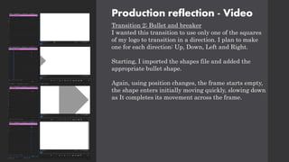 Production reflection - Video
Transition 2; Bullet and breaker
I wanted this transition to use only one of the squares
of my logo to transition in a direction. I plan to make
one for each direction: Up, Down, Left and Right.
Starting, I imported the shapes file and added the
appropriate bullet shape.
Again, using position changes, the frame starts empty,
the shape enters initially moving quickly, slowing down
as It completes its movement across the frame.
 