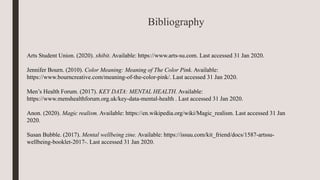 Bibliography
Arts Student Union. (2020). xhibit. Available: https://www.arts-su.com. Last accessed 31 Jan 2020.
Jennifer Bourn. (2010). Color Meaning: Meaning of The Color Pink. Available:
https://www.bourncreative.com/meaning-of-the-color-pink/. Last accessed 31 Jan 2020.
Men’s Health Forum. (2017). KEY DATA: MENTAL HEALTH. Available:
https://www.menshealthforum.org.uk/key-data-mental-health . Last accessed 31 Jan 2020.
Anon. (2020). Magic realism. Available: https://en.wikipedia.org/wiki/Magic_realism. Last accessed 31 Jan
2020.
Susan Bubble. (2017). Mental wellbeing zine. Available: https://issuu.com/kit_friend/docs/1587-artssu-
wellbeing-booklet-2017-. Last accessed 31 Jan 2020.
 