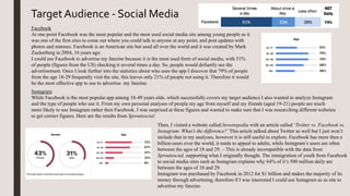 Facebook
At one point Facebook was the most popular and the most used social media site among young people as it
was one of the first sites to come out where you could talk to anyone at any point, and post updates with
photos and statuses. Facebook is an American site but used all over the world and it was created by Mark
Zuckerberg in 2004, 16 years ago.
I could use Facebook to advertise my fanzine because it is the most used form of social media, with 51%
of people (figures from the US) checking it several times a day. So, people would defiantly see the
advertisement. Once I look further into the statistics about who uses the app I discover that 79% of people
from the age 18-29 frequently visit the site, this leaves only 21% of people not using it. Therefore it would
be the most effective app to use to advertise my fanzine.
Instagram
While Facebook is the most popular app among 18-49 years olds, which successfully covers my target audience I also wanted to analyze Instagram
and the type of people who use it. From my own personal analyses of people my age from myself and my friends (aged 19-21) people are much
more likely to use Instagram rather then Facebook. I was surprised at these figures and wanted to make sure that I was researching different websites
to get correct figures. Here are the results from Sproutsocial:
TargetAudience - Social Media
Then, I visited a website called Investopedia with an article called ‘Twitter vs. Facebook vs.
Instagram: What’s the difference?’This article talked about Twitter as well but I just won’t
include that in my analyses, however it is still useful to explore. Facebook has more then a
billion users over the world, it tends to appeal to adults, while Instagram’s users are often
between the ages of 18 and 29. – This is already incompatible with the data from
Sproutsocial, supporting what I originally thought. The immigration of youth from Facebook
to social media sites such as Instagram explains why 64% of it’s 500 million daily are
between the ages of 18 and 29.
Instagram was purchased by Facebook in 2012 for $1 billion and makes the majority of its
money through advertising, therefore if I was interested I could use Instagram as as site to
advertise my fanzine.
 