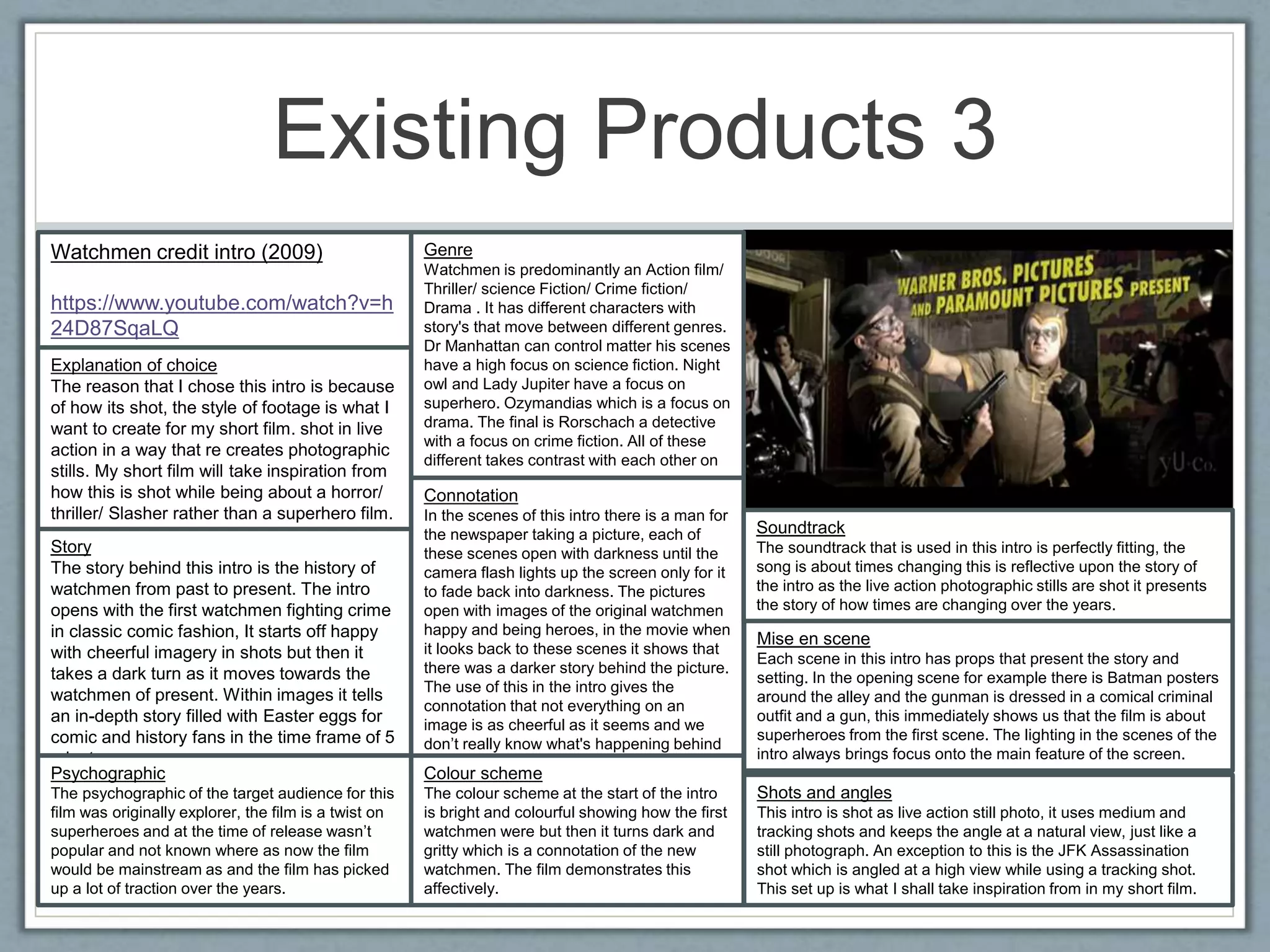 Existing Products 3
Watchmen credit intro (2009)
https://www.youtube.com/watch?v=h
24D87SqaLQ
Explanation of choice
The reason that I chose this intro is because
of how its shot, the style of footage is what I
want to create for my short film. shot in live
action in a way that re creates photographic
stills. My short film will take inspiration from
how this is shot while being about a horror/
thriller/ Slasher rather than a superhero film.
Story
The story behind this intro is the history of
watchmen from past to present. The intro
opens with the first watchmen fighting crime
in classic comic fashion, It starts off happy
with cheerful imagery in shots but then it
takes a dark turn as it moves towards the
watchmen of present. Within images it tells
an in-depth story filled with Easter eggs for
comic and history fans in the time frame of 5
minutes.
Psychographic
The psychographic of the target audience for this
film was originally explorer, the film is a twist on
superheroes and at the time of release wasn’t
popular and not known where as now the film
would be mainstream as and the film has picked
up a lot of traction over the years.
Genre
Watchmen is predominantly an Action film/
Thriller/ science Fiction/ Crime fiction/
Drama . It has different characters with
story's that move between different genres.
Dr Manhattan can control matter his scenes
have a high focus on science fiction. Night
owl and Lady Jupiter have a focus on
superhero. Ozymandias which is a focus on
drama. The final is Rorschach a detective
with a focus on crime fiction. All of these
different takes contrast with each other on
screen.
Connotation
In the scenes of this intro there is a man for
the newspaper taking a picture, each of
these scenes open with darkness until the
camera flash lights up the screen only for it
to fade back into darkness. The pictures
open with images of the original watchmen
happy and being heroes, in the movie when
it looks back to these scenes it shows that
there was a darker story behind the picture.
The use of this in the intro gives the
connotation that not everything on an
image is as cheerful as it seems and we
don’t really know what's happening behind
a picture.
Colour scheme
The colour scheme at the start of the intro
is bright and colourful showing how the first
watchmen were but then it turns dark and
gritty which is a connotation of the new
watchmen. The film demonstrates this
affectively.
Soundtrack
The soundtrack that is used in this intro is perfectly fitting, the
song is about times changing this is reflective upon the story of
the intro as the live action photographic stills are shot it presents
the story of how times are changing over the years.
Mise en scene
Each scene in this intro has props that present the story and
setting. In the opening scene for example there is Batman posters
around the alley and the gunman is dressed in a comical criminal
outfit and a gun, this immediately shows us that the film is about
superheroes from the first scene. The lighting in the scenes of the
intro always brings focus onto the main feature of the screen.
Shots and angles
This intro is shot as live action still photo, it uses medium and
tracking shots and keeps the angle at a natural view, just like a
still photograph. An exception to this is the JFK Assassination
shot which is angled at a high view while using a tracking shot.
This set up is what I shall take inspiration from in my short film.
 