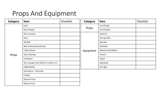 Props And Equipment
Category Item Checklist
Props
Easel
Paint Palletes
Plain Canvases
Paint
Old Bike
Beer (Carbonated iced tea)
2 Beer Glasses
Glass Vase/Jug
Sunflowers
Torn up paper with Amber's number on it
Vodka Bottles
Fake Menus – Pizza Cafe
2 Plates
Peporoni Pizza
Mexican Pizza
Category Item Checklist
Props
Can Of Coke
Can Of Sprite
Equipment
Dead Cat
Shot-gun Mic
Recorder
Boompole
Reflector And Diffuser
Camera
Tripod
Lightstand
LED Light
 
