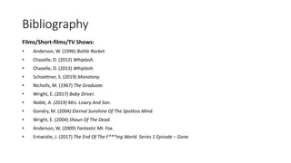 Bibliography
Films/Short-films/TV Shows:
• Anderson, W. (1996) Bottle Rocket.
• Chazelle, D. (2012) Whiplash.
• Chazelle, D. (2013) Whiplash.
• Schoettner, S. (2019) Monotony.
• Nicholls, M. (1967) The Graduate.
• Wright, E. (2017) Baby Driver.
• Noble, A. (2019) Mrs. Lowry And Son.
• Gondry, M. (2004) Eternal Sunshine Of The Spotless Mind.
• Wright, E. (2004) Shaun Of The Dead.
• Anderson, W. (2009) Fantastic Mr. Fox.
• Entwistle, J. (2017) The End Of The F***ing World. Series 1 Episode – Gone.
 