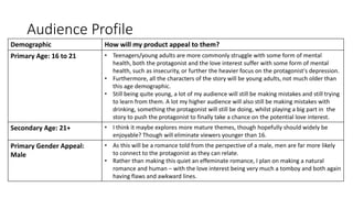 Audience Profile
Demographic How will my product appeal to them?
Primary Age: 16 to 21 • Teenagers/young adults are more commonly struggle with some form of mental
health, both the protagonist and the love interest suffer with some form of mental
health, such as insecurity, or further the heavier focus on the protagonist's depression.
• Furthermore, all the characters of the story will be young adults, not much older than
this age demographic.
• Still being quite young, a lot of my audience will still be making mistakes and still trying
to learn from them. A lot my higher audience will also still be making mistakes with
drinking, something the protagonist will still be doing, whilst playing a big part in the
story to push the protagonist to finally take a chance on the potential love interest.
Secondary Age: 21+ • I think it maybe explores more mature themes, though hopefully should widely be
enjoyable? Though will eliminate viewers younger than 16.
Primary Gender Appeal:
Male
• As this will be a romance told from the perspective of a male, men are far more likely
to connect to the protagonist as they can relate.
• Rather than making this quiet an effeminate romance, I plan on making a natural
romance and human – with the love interest being very much a tomboy and both again
having flaws and awkward lines.
 