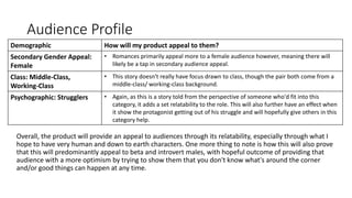 Audience Profile
Demographic How will my product appeal to them?
Secondary Gender Appeal:
Female
• Romances primarily appeal more to a female audience however, meaning there will
likely be a tap in secondary audience appeal.
Class: Middle-Class,
Working-Class
• This story doesn't really have focus drawn to class, though the pair both come from a
middle-class/ working-class background.
Psychographic: Strugglers • Again, as this is a story told from the perspective of someone who'd fit into this
category, it adds a set relatability to the role. This will also further have an effect when
it show the protagonist getting out of his struggle and will hopefully give others in this
category help.
Overall, the product will provide an appeal to audiences through its relatability, especially through what I
hope to have very human and down to earth characters. One more thing to note is how this will also prove
that this will predominantly appeal to beta and introvert males, with hopeful outcome of providing that
audience with a more optimism by trying to show them that you don't know what's around the corner
and/or good things can happen at any time.
 