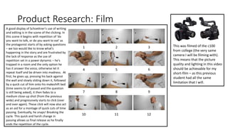 Product Research: Film
A good display of Schoettner's use of writing
and editing is in the scene of the clicking. In
this scene it begins with repetition of 'do
you want to talk, or do you want to eat' as
the protagonist starts of by asking questions
– we too would like to know what's
happening in the story and are frustrated by
the lack of response as the use of
repetition set in a power dynamic – he's
trapped in a room and the only option he
has it answer the voice, otherwise let it
repeat itself and be driven into madness. At
first, he gives up, pressing his back against
the wall and slowly sliding down it, followed
by a quick cut of him onto his makeshift bed
(time seems to of passed and the question
is still being asked), it then fades to a
medium close-up shot (from the previous
wide) and progressively starts to click (over
and over again). These click will now also act
as an aid for a montage of quick cuts of time
passing. Eventually, he snaps! Breaking the
cycle. This quick and harsh change in
passing allows us final release as he finally
ends the repetition of the cycle.
This was filmed of the c100
from college (the very same
camera I will be filming with).
This means that the picture
quality and lighting in this video
should be achievable for my
short-film – as this previous
student had all the same
limitation that I will.
1 2 3
4 5 6
7 8 9
10 11 12
 