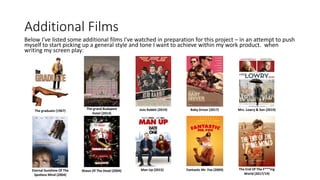 Additional Films
Below I've listed some additional films I've watched in preparation for this project – in an attempt to push
myself to start picking up a general style and tone I want to achieve within my work product. when
writing my screen play:
The graduate (1967)
The grand Budapest
Hotel (2014)
JoJo Rabbit (2019) Baby Driver (2017) Mrs. Lowry & Son (2019)
Eternal Sunshine Of The
Spotless Mind (2004)
Shaun Of The Dead (2004) Man Up (2015) Fantastic Mr. Fox (2009) The End Of The F***ing
World (2017/19)
 