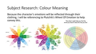 Subject Research: Colour Meaning
Because the character's emotions will be reflected through their
clothing, I will be referencing to Plutchik's Wheel Of Emotion to help
convey this.
 