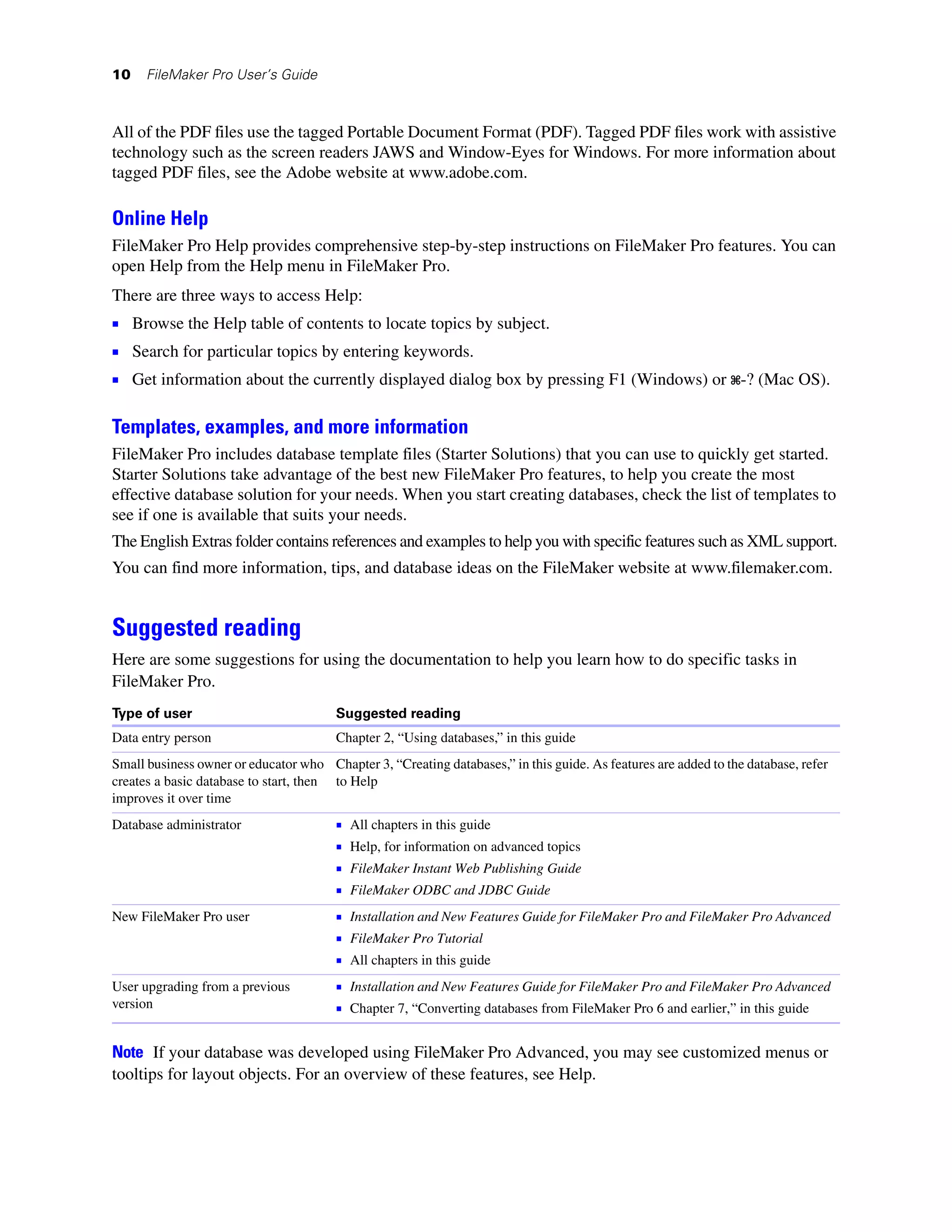 10    FileMaker Pro User’s Guide



All of the PDF files use the tagged Portable Document Format (PDF). Tagged PDF files work with assistive
technology such as the screen readers JAWS and Window-Eyes for Windows. For more information about
tagged PDF files, see the Adobe website at www.adobe.com.

Online Help
FileMaker Pro Help provides comprehensive step-by-step instructions on FileMaker Pro features. You can
open Help from the Help menu in FileMaker Pro.
There are three ways to access Help:
1 Browse the Help table of contents to locate topics by subject.
1 Search for particular topics by entering keywords.
1 Get information about the currently displayed dialog box by pressing F1 (Windows) or 2-? (Mac OS).

Templates, examples, and more information
FileMaker Pro includes database template files (Starter Solutions) that you can use to quickly get started.
Starter Solutions take advantage of the best new FileMaker Pro features, to help you create the most
effective database solution for your needs. When you start creating databases, check the list of templates to
see if one is available that suits your needs.
The English Extras folder contains references and examples to help you with specific features such as XML support.
You can find more information, tips, and database ideas on the FileMaker website at www.filemaker.com.


Suggested reading
Here are some suggestions for using the documentation to help you learn how to do specific tasks in
FileMaker Pro.
Type of user                            Suggested reading
Data entry person                       Chapter 2, “Using databases,” in this guide
Small business owner or educator who Chapter 3, “Creating databases,” in this guide. As features are added to the database, refer
creates a basic database to start, then to Help
improves it over time
Database administrator                  1   All chapters in this guide
                                        1   Help, for information on advanced topics
                                        1   FileMaker Instant Web Publishing Guide
                                        1   FileMaker ODBC and JDBC Guide
New FileMaker Pro user                  1 Installation and New Features Guide for FileMaker Pro and FileMaker Pro Advanced
                                        1 FileMaker Pro Tutorial
                                        1 All chapters in this guide
User upgrading from a previous          1 Installation and New Features Guide for FileMaker Pro and FileMaker Pro Advanced
version                                 1 Chapter 7, “Converting databases from FileMaker Pro 6 and earlier,” in this guide

Note If your database was developed using FileMaker Pro Advanced, you may see customized menus or
tooltips for layout objects. For an overview of these features, see Help.
 