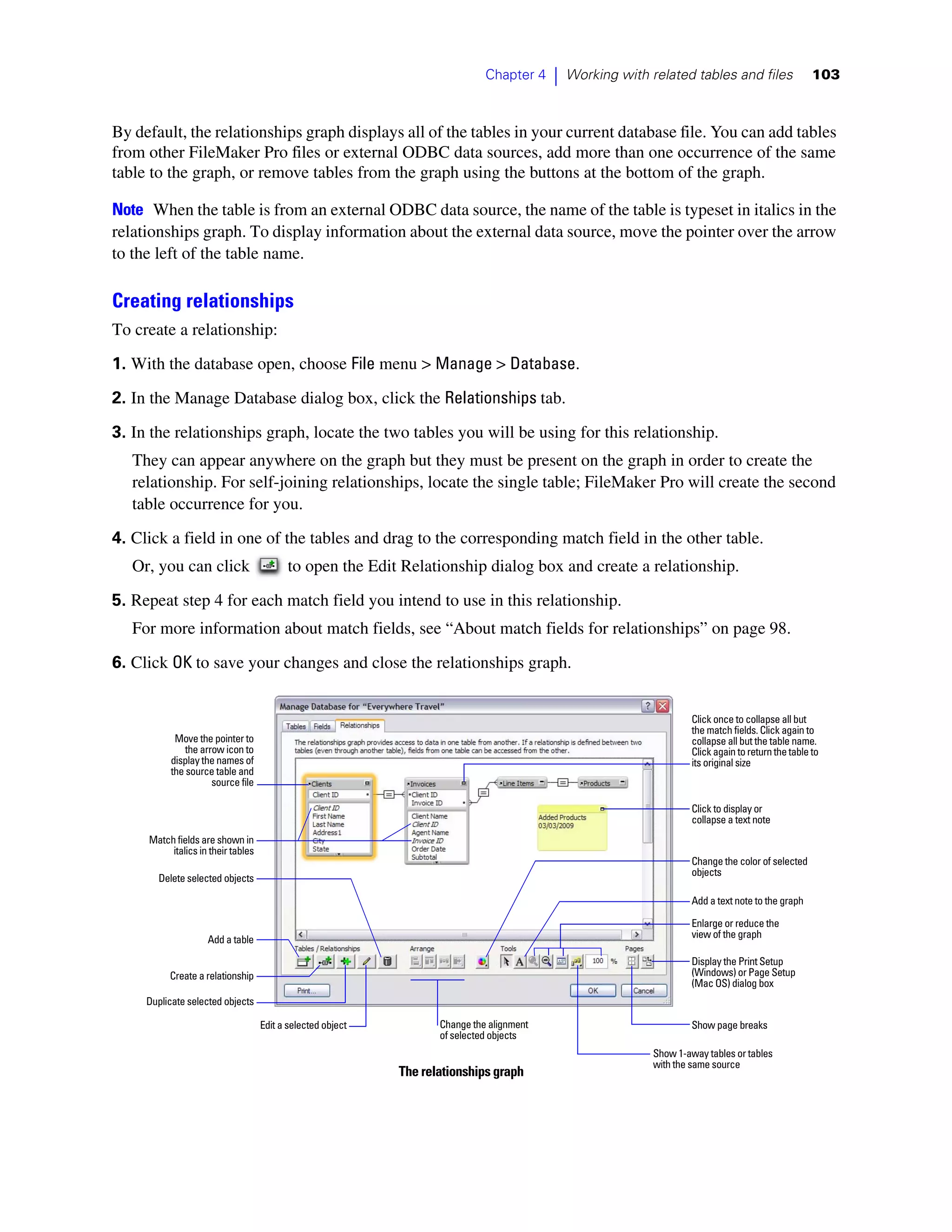 Chapter 4    |   Working with related tables and files                  103



By default, the relationships graph displays all of the tables in your current database file. You can add tables
from other FileMaker Pro files or external ODBC data sources, add more than one occurrence of the same
table to the graph, or remove tables from the graph using the buttons at the bottom of the graph.

Note When the table is from an external ODBC data source, the name of the table is typeset in italics in the
relationships graph. To display information about the external data source, move the pointer over the arrow
to the left of the table name.

Creating relationships
To create a relationship:
1. With the database open, choose File menu > Manage > Database.

2. In the Manage Database dialog box, click the Relationships tab.

3. In the relationships graph, locate the two tables you will be using for this relationship.
   They can appear anywhere on the graph but they must be present on the graph in order to create the
   relationship. For self-joining relationships, locate the single table; FileMaker Pro will create the second
   table occurrence for you.
4. Click a field in one of the tables and drag to the corresponding match field in the other table.
   Or, you can click                       to open the Edit Relationship dialog box and create a relationship.

5. Repeat step 4 for each match field you intend to use in this relationship.
   For more information about match fields, see “About match fields for relationships” on page 98.

6. Click OK to save your changes and close the relationships graph.


                                                                                                                      Click once to collapse all but
                                                                                                                      the match fields. Click again to
           Move the pointer to                                                                                        collapse all but the table name.
              the arrow icon to                                                                                       Click again to return the table to
          display the names of                                                                                        its original size
          the source table and
                     source file

                                                                                                                      Click to display or
                                                                                                                      collapse a text note
     Match fields are shown in
          italics in their tables
                                                                                                                      Change the color of selected
                                                                                                                      objects
       Delete selected objects

                                                                                                                      Add a text note to the graph

                                                                                                                      Enlarge or reduce the
                    Add a table                                                                                       view of the graph

                                                                                                                      Display the Print Setup
          Create a relationship                                                                                       (Windows) or Page Setup
                                                                                                                      (Mac OS) dialog box
     Duplicate selected objects

                                    Edit a selected object          Change the alignment                              Show page breaks
                                                                    of selected objects
                                                                                                             Show 1-away tables or tables
                                                                                                             with the same source
                                                             The relationships graph
 