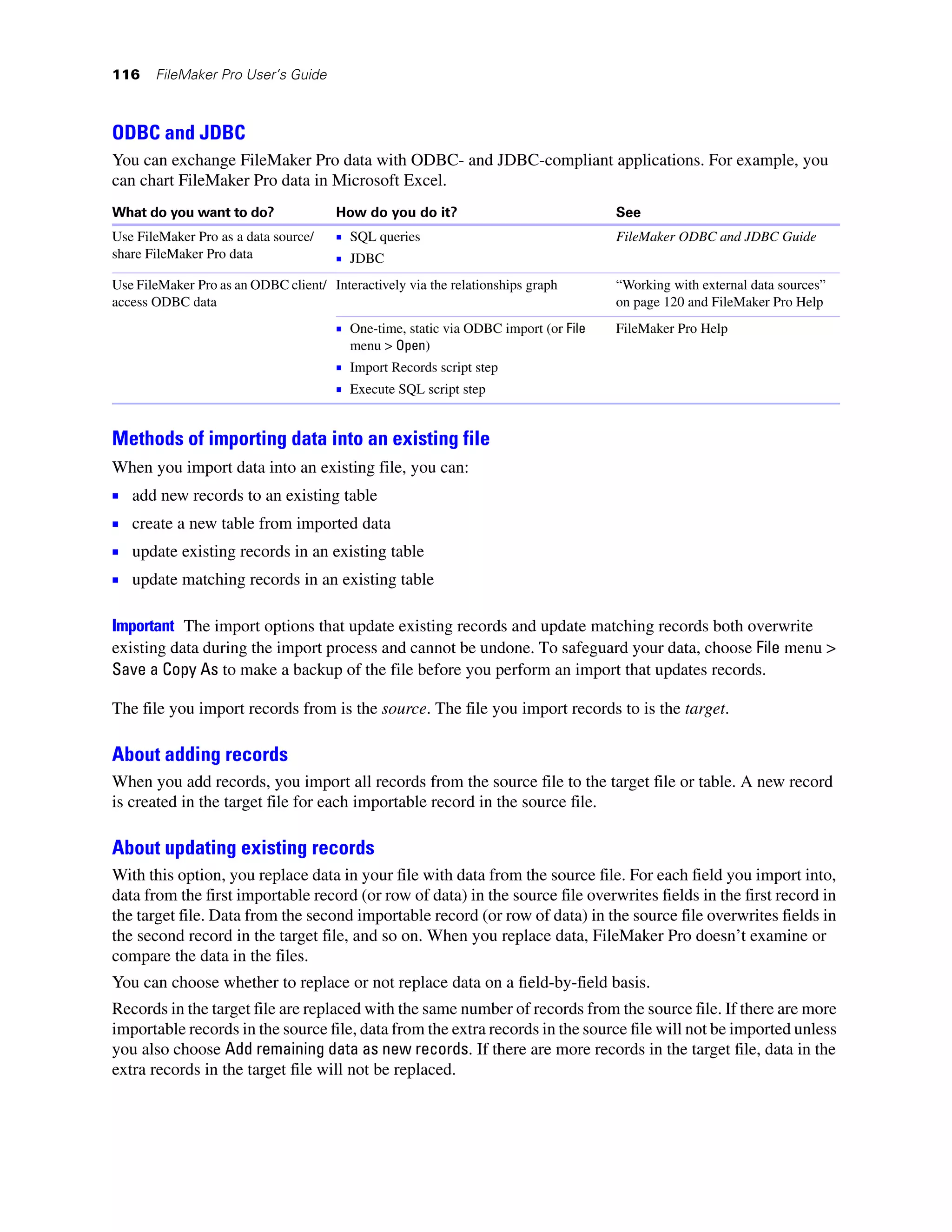 116    FileMaker Pro User’s Guide



ODBC and JDBC
You can exchange FileMaker Pro data with ODBC- and JDBC-compliant applications. For example, you
can chart FileMaker Pro data in Microsoft Excel.
What do you want to do?                How do you do it?                             See
Use FileMaker Pro as a data source/    1 SQL queries                                 FileMaker ODBC and JDBC Guide
share FileMaker Pro data               1 JDBC
Use FileMaker Pro as an ODBC client/ Interactively via the relationships graph       “Working with external data sources”
access ODBC data                                                                     on page 120 and FileMaker Pro Help
                                       1 One-time, static via ODBC import (or File   FileMaker Pro Help
                                         menu > Open)
                                       1 Import Records script step
                                       1 Execute SQL script step


Methods of importing data into an existing file
When you import data into an existing file, you can:
1   add new records to an existing table
1   create a new table from imported data
1   update existing records in an existing table
1   update matching records in an existing table

Important The import options that update existing records and update matching records both overwrite
existing data during the import process and cannot be undone. To safeguard your data, choose File menu >
Save a Copy As to make a backup of the file before you perform an import that updates records.

The file you import records from is the source. The file you import records to is the target.

About adding records
When you add records, you import all records from the source file to the target file or table. A new record
is created in the target file for each importable record in the source file.

About updating existing records
With this option, you replace data in your file with data from the source file. For each field you import into,
data from the first importable record (or row of data) in the source file overwrites fields in the first record in
the target file. Data from the second importable record (or row of data) in the source file overwrites fields in
the second record in the target file, and so on. When you replace data, FileMaker Pro doesn’t examine or
compare the data in the files.
You can choose whether to replace or not replace data on a field-by-field basis.
Records in the target file are replaced with the same number of records from the source file. If there are more
importable records in the source file, data from the extra records in the source file will not be imported unless
you also choose Add remaining data as new records. If there are more records in the target file, data in the
extra records in the target file will not be replaced.
 