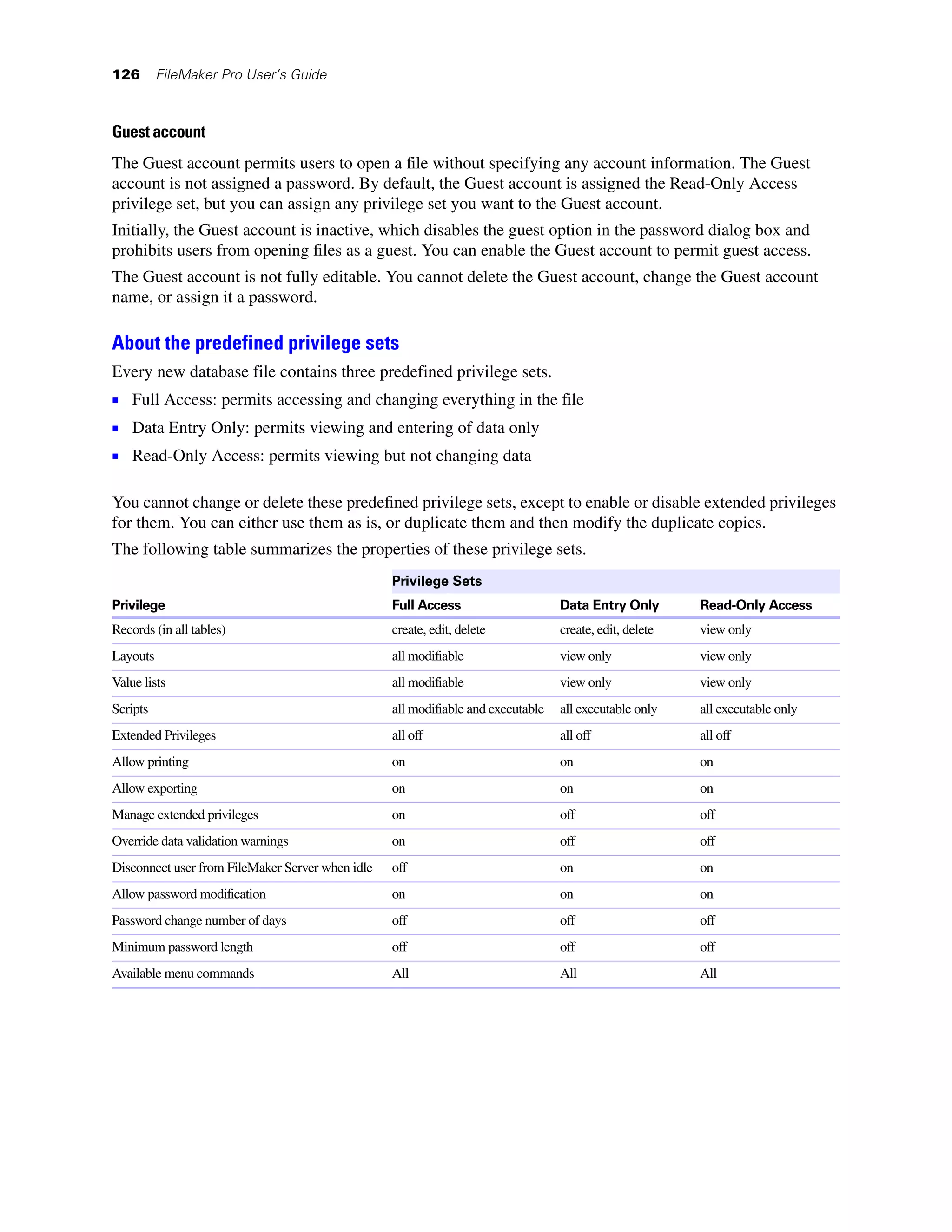 126       FileMaker Pro User’s Guide



Guest account
The Guest account permits users to open a file without specifying any account information. The Guest
account is not assigned a password. By default, the Guest account is assigned the Read-Only Access
privilege set, but you can assign any privilege set you want to the Guest account.
Initially, the Guest account is inactive, which disables the guest option in the password dialog box and
prohibits users from opening files as a guest. You can enable the Guest account to permit guest access.
The Guest account is not fully editable. You cannot delete the Guest account, change the Guest account
name, or assign it a password.

About the predefined privilege sets
Every new database file contains three predefined privilege sets.
1 Full Access: permits accessing and changing everything in the file
1 Data Entry Only: permits viewing and entering of data only
1 Read-Only Access: permits viewing but not changing data

You cannot change or delete these predefined privilege sets, except to enable or disable extended privileges
for them. You can either use them as is, or duplicate them and then modify the duplicate copies.
The following table summarizes the properties of these privilege sets.
                                                  Privilege Sets
Privilege                                         Full Access                     Data Entry Only        Read-Only Access
Records (in all tables)                           create, edit, delete            create, edit, delete   view only
Layouts                                           all modifiable                  view only              view only
Value lists                                       all modifiable                  view only              view only
Scripts                                           all modifiable and executable   all executable only    all executable only
Extended Privileges                               all off                         all off                all off
Allow printing                                    on                              on                     on
Allow exporting                                   on                              on                     on
Manage extended privileges                        on                              off                    off
Override data validation warnings                 on                              off                    off
Disconnect user from FileMaker Server when idle   off                             on                     on
Allow password modification                       on                              on                     on
Password change number of days                    off                             off                    off
Minimum password length                           off                             off                    off
Available menu commands                           All                             All                    All
 