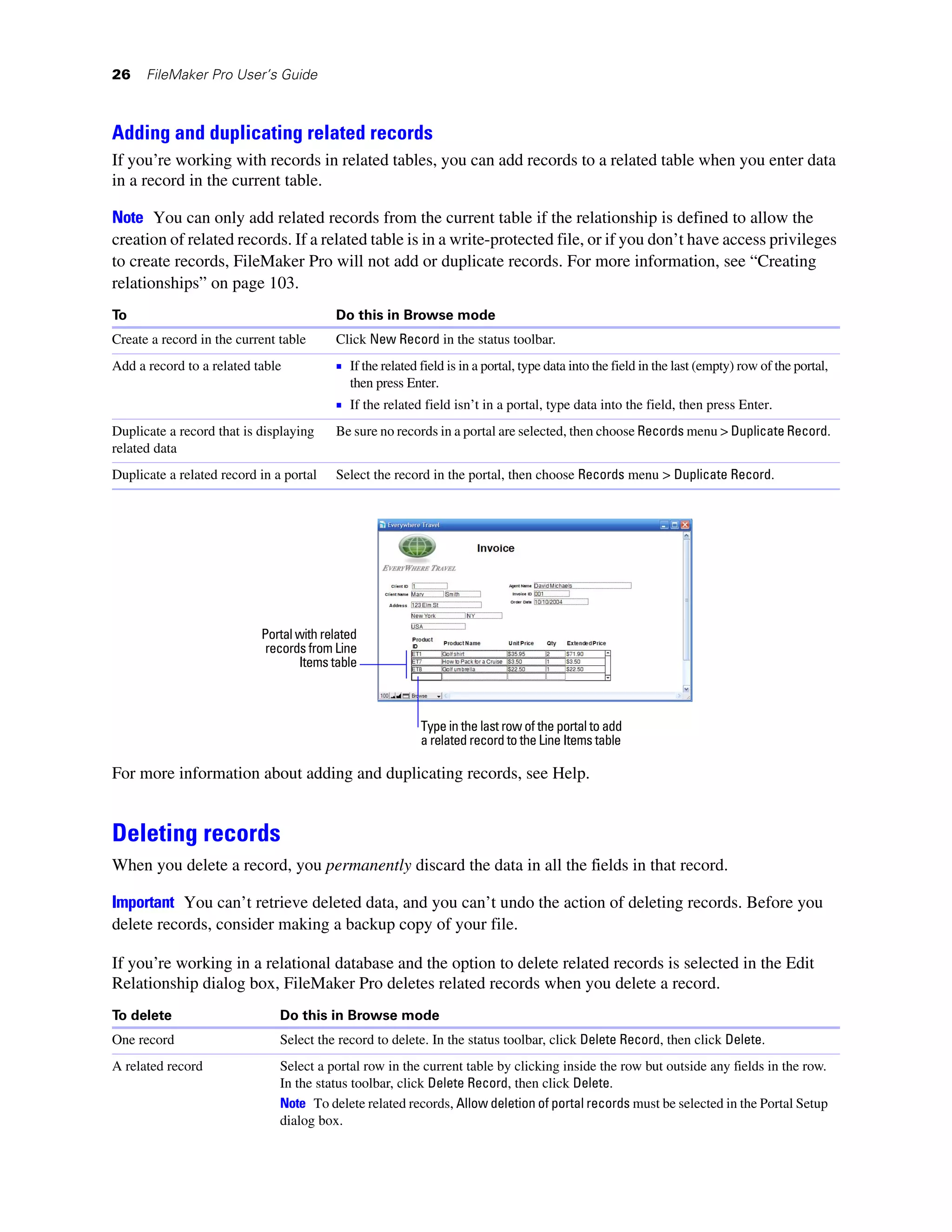 26    FileMaker Pro User’s Guide



Adding and duplicating related records
If you’re working with records in related tables, you can add records to a related table when you enter data
in a record in the current table.

Note You can only add related records from the current table if the relationship is defined to allow the
creation of related records. If a related table is in a write-protected file, or if you don’t have access privileges
to create records, FileMaker Pro will not add or duplicate records. For more information, see “Creating
relationships” on page 103.
To                                       Do this in Browse mode
Create a record in the current table     Click New Record in the status toolbar.
Add a record to a related table          1 If the related field is in a portal, type data into the field in the last (empty) row of the portal,
                                            then press Enter.
                                         1 If the related field isn’t in a portal, type data into the field, then press Enter.
Duplicate a record that is displaying    Be sure no records in a portal are selected, then choose Records menu > Duplicate Record.
related data
Duplicate a related record in a portal   Select the record in the portal, then choose Records menu > Duplicate Record.




                           Portal with related
                            records from Line
                                  Items table



                                                          Type in the last row of the portal to add
                                                          a related record to the Line Items table

For more information about adding and duplicating records, see Help.


Deleting records
When you delete a record, you permanently discard the data in all the fields in that record.

Important You can’t retrieve deleted data, and you can’t undo the action of deleting records. Before you
delete records, consider making a backup copy of your file.

If you’re working in a relational database and the option to delete related records is selected in the Edit
Relationship dialog box, FileMaker Pro deletes related records when you delete a record.
To delete                      Do this in Browse mode
One record                     Select the record to delete. In the status toolbar, click Delete Record, then click Delete.
A related record               Select a portal row in the current table by clicking inside the row but outside any fields in the row.
                               In the status toolbar, click Delete Record, then click Delete.
                               Note To delete related records, Allow deletion of portal records must be selected in the Portal Setup
                               dialog box.
 