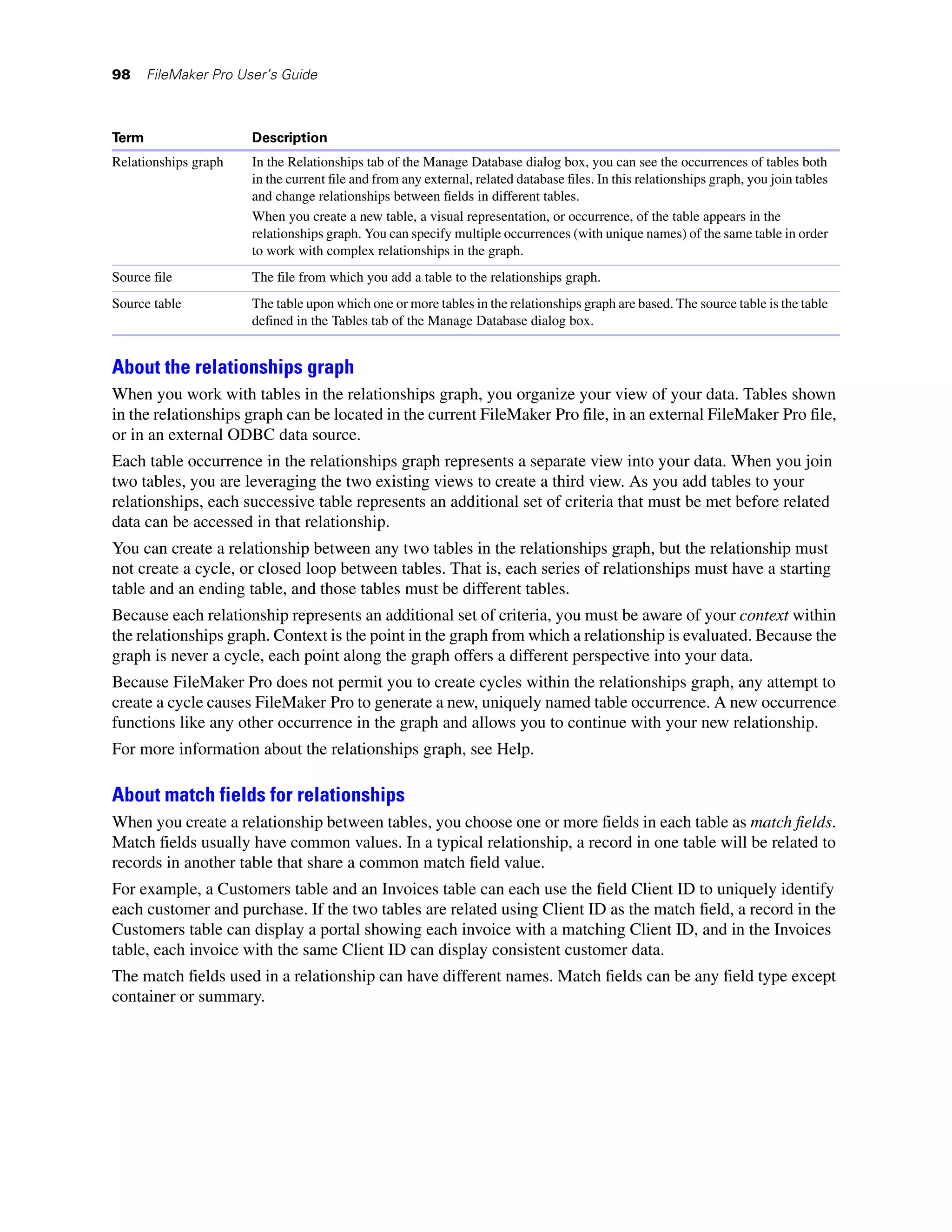 98     FileMaker Pro User’s Guide



Term                   Description
Relationships graph    In the Relationships tab of the Manage Database dialog box, you can see the occurrences of tables both
                       in the current file and from any external, related database files. In this relationships graph, you join tables
                       and change relationships between fields in different tables.
                       When you create a new table, a visual representation, or occurrence, of the table appears in the
                       relationships graph. You can specify multiple occurrences (with unique names) of the same table in order
                       to work with complex relationships in the graph.
Source file            The file from which you add a table to the relationships graph.
Source table           The table upon which one or more tables in the relationships graph are based. The source table is the table
                       defined in the Tables tab of the Manage Database dialog box.


About the relationships graph
When you work with tables in the relationships graph, you organize your view of your data. Tables shown
in the relationships graph can be located in the current FileMaker Pro file, in an external FileMaker Pro file,
or in an external ODBC data source.
Each table occurrence in the relationships graph represents a separate view into your data. When you join
two tables, you are leveraging the two existing views to create a third view. As you add tables to your
relationships, each successive table represents an additional set of criteria that must be met before related
data can be accessed in that relationship.
You can create a relationship between any two tables in the relationships graph, but the relationship must
not create a cycle, or closed loop between tables. That is, each series of relationships must have a starting
table and an ending table, and those tables must be different tables.
Because each relationship represents an additional set of criteria, you must be aware of your context within
the relationships graph. Context is the point in the graph from which a relationship is evaluated. Because the
graph is never a cycle, each point along the graph offers a different perspective into your data.
Because FileMaker Pro does not permit you to create cycles within the relationships graph, any attempt to
create a cycle causes FileMaker Pro to generate a new, uniquely named table occurrence. A new occurrence
functions like any other occurrence in the graph and allows you to continue with your new relationship.
For more information about the relationships graph, see Help.

About match fields for relationships
When you create a relationship between tables, you choose one or more fields in each table as match fields.
Match fields usually have common values. In a typical relationship, a record in one table will be related to
records in another table that share a common match field value.
For example, a Customers table and an Invoices table can each use the field Client ID to uniquely identify
each customer and purchase. If the two tables are related using Client ID as the match field, a record in the
Customers table can display a portal showing each invoice with a matching Client ID, and in the Invoices
table, each invoice with the same Client ID can display consistent customer data.
The match fields used in a relationship can have different names. Match fields can be any field type except
container or summary.
 