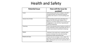 Health and Safety
Potential Issue How will the issue be
avoided?
Covid While being outside there is always a risk with
the general public and especially during the
pandemic this results in a risk of catching covid
19
General risk of Public While working outside there will always be a
general risk from the public. Wether this is
physical or not there always has to b concern not
to aggravate or cross any lines. Especially with
potential trespassing
Drowning One of the potential scenes involves me with my
head underwater, being irresponsible with this in
a worse case scenario could lead to drowning.
Studio Working in the studio hosts a potential safety
concern, sticking to the rules and not going
behind the screens will prevent this.
Roads and Cars Roads and cars are always a risk to safety. The
best way is to be sensible and not mess around.
Wear clothing that can be seen especially when it
gets darker.
 