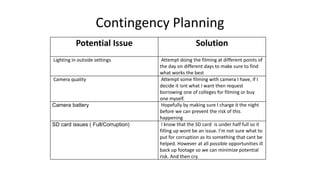 Contingency Planning
Potential Issue Solution
Lighting in outside settings Attempt doing the filming at different points of
the day on different days to make sure to find
what works the best
Camera quality Attempt some filming with camera I have, if I
decide it isnt what I want then request
borrowing one of colleges for filming or buy
one myself.
Camera battery Hopefully by making sure I charge it the night
before we can prevent the risk of this
happening
SD card issues ( Full/Corruption) I know that the SD card is under half full so it
filling up wont be an issue. I'm not sure what to
put for corruption as its something that cant be
helped. However at all possible opportunities ill
back up footage so we can minimize potential
risk. And then cry.
 