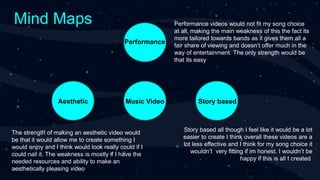 Mind Maps
matthew dillon cohen
Music Video
Performance
Aesthetic Story based
The strength of making an aesthetic video would
be that it would allow me to create something I
would enjoy and I think would look really could if I
could nail it. The weakness is mostly if I have the
needed resources and ability to make an
aesthetically pleasing video
Story based all though I feel like it would be a lot
easier to create I think overall these videos are a
lot less effective and I think for my song choice it
wouldn’t very fitting if im honest. I wouldn’t be
happy if this is all I created
Performance videos would not fit my song choice
at all, making the main weakness of this the fact its
more tailored towards bands as it gives them all a
fair share of viewing and doesn’t offer much in the
way of entertainment. The only strength would be
that its easy
 