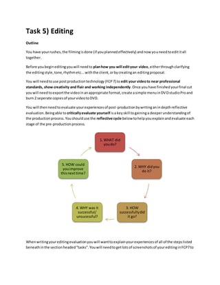 Task 5) Editing
Outline
You have yourrushes,the filmingisdone (if youplannedeffectively) andnow youneedtoedititall
together.
Before youbegineditingyouwill needto planhow you will edityour video,eitherthroughclarifying
the editingstyle,tone,rhythmetc...withthe client,orbycreatingan editingproposal.
You will needtouse postproductiontechnology(FCP7) to edit your videoto near professional
standards, show creativity and flair and working independently.Once youhave finishedyourfinal cut
youwill needtoexportthe videoinanappropriate format,create asimple menuinDVDstudioProand
burn 2 seperate copiesof yourvideotoDVD.
You will thenneedtoevaluate yourexperiencesof post-productionbywritinganindepthreflective
evaluation.Beingable to criticallyevaluate yourself isa keyskill togaininga deeperunderstandingof
the productionprocess.Youshoulduse the reflective cycle below tohelpyouexplainandevaluate each
stage of the pre-productionprocess.
Whenwritingyoureditingevaluationyouwill wanttoexplainyourexperiencesof all of the stepslisted
beneathinthe sectionheaded“tasks”.Youwill needtogetlotsof screenshotsof youreditinginFCP7to
1. WHAT did
youdo?
2. WHY didyou
do it?
3. HOW
successfullydid
it go?
4. WHY was it
successful/
unsucessful?
5. HOW could
youimprove
thisnexttime?
 