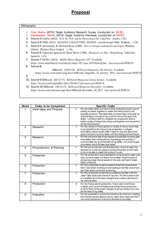 Proposal
2
Bibliography:
1. Your, Name. (2019) Target Audience Research Survey (conducted on DATE)
2. Interviewees, Name. (2019) Target Audience Interviews (conducted on DATE)
3. Source 3-Adobe.(2012). N/A. In: N/A Adobe Photoshop CS6.Cali,USA: Adobe.1-381.
4. Source 4-NME (2015). MASSIVE COLLECTORS EDITION. peterborough:Mike Williams. 1-129.
5. Source 5-ohn murphy & Michael Rowe (1988). How to design trademarks and logos.Phaidon,
Oxford: Phaidon Press Limited . 1-144.
6. Source 6-Takenobu Igarashi & Diane Burns (1984). Designers on Mac. Hong Kong: Takenobu
Igarashi. 1-221.
7. Source 7-MOJO. (2019). MOJO Music Magazine 307. Available:
https://www.mojo4music.com/articles/mojo-307-june-2019-bob-dylan. Last accessed 30/04/19.
8. Source 8-
Billboard. (18/01/14). Billboard Magazine The Beatles. Available:
https://issuu.com/canhovang/docs/billboard_magazine_18_january_2014.. Last accessed 30/04/19.
9.
10. Source 9-Billboard. (03/12/17). Billboard Magazine Selena Gomez. Available:
https://issuu.com/hvmutmhhv/docs/7dvfdvf.Last accessed 30/04/19.
11. Source 10-Billboard. (30/12/17). Billboard Magazine December. Available:
https://issuu.com/carlospassage/docs/billboard-december_30_2017. Last accessed 30/04/19.
Week Tasks to be Completed: Specific Tasks
1 Initial Ideas and Proposal  For the initial ideas is w here Iw illbe finding the best w aysof
putting my ideas together to make the best product I can
possibly produce. This initial idea is w here Ialso w illcome up
w ith the basic concept of my w orkfor it to be the best of its
ability. I w illalso need to complete my proposalto have a
better variety of ideas that w illgo w elltogether and be perfect
for the final product.
2 Research  For the research Ihave gained a variety of resourcesto help
in my benefit for the future in my production. I w illgain
information about certain skills I need to use and also w hat
type of product I w ant to make w ith the styling and technique.
3 Research  For the second w eekof my research production Iw ant to gain
information that w illbenefit my finaldesign and product. I
w ant to make my w orkthe best of my ability, so I w ant to gain
information that w illmake that better.
4 Pre-production & Planning  For the pre-production and the planning, I w ant to make the
decision on w hat Iam going to produce but also w hat Ineed
to do to be able to make the product I w ant.
5 Production  For the production I have decided on w hat Iw ant to make and
how Iw ant to make it in these four w eeks. Iw ant to start of
producing a logo that is based on the look and feelof Julian
Opie’s products.
6 Production  For this production w eekIw anted to finish the experiments
that I have been w orking on and seeing w hat I like and w hat I
don’t like about w hat Iam producing.
7 Production  For this production w eekIhave created w hat Ilike w ith the
Julian Opie style w ith a tw ist of my ow n. For this w eekIw ant
to complete all of the basic designs and create a advance in
my merchandise.
8 Production  For the finalw eekof production, I have seen w hat Ihave
created, and I w ant to finalise everything I have produced, I
w ant to finish of the small changes to all my product so it can
be the best of my ability.
9 Evaluation  For the evaluation I w ant to be honest w ith what Iam creating
and find the issues about it and to make them seen and that I
can verify the issue in future for the best of my ability.
 