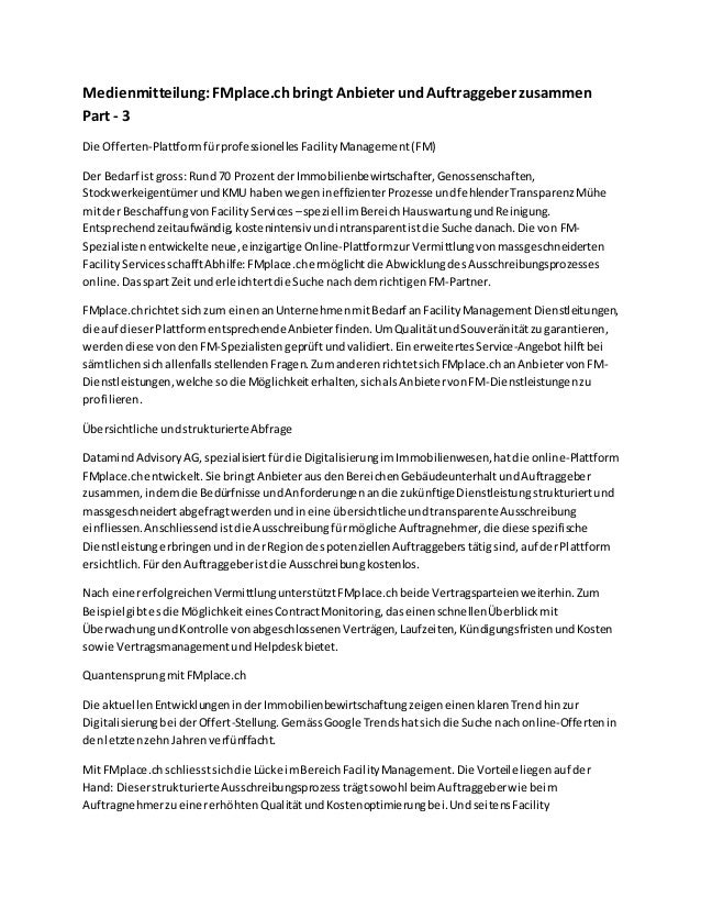 Medienmitteilung Fmplace Ch Bringt Anbieter Und Auftraggeber Zusamme