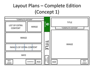 Layout Plans – Complete Edition
(Concept 1)
TITLE
IMAGE
IMAGES OF EXTRA CONTENT
IMAGE
LIST OF EXTRA
CONTENT
INFO
AGEWARNINGS
DEV
LOGO AGE
DEV
LOGO
TITLE
PUBLISHER
LOGO
“COMPLETE EDITION”
“COMPLETE EDITION”
IMAGE
 