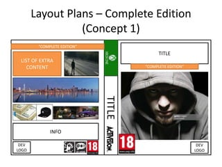 Layout Plans – Complete Edition
(Concept 1)
TITLE
IMAGE
IMAGE
LIST OF EXTRA
CONTENT
INFO
DEV
LOGO
DEV
LOGO
TITLE
“COMPLETE EDITION”
“COMPLETE EDITION”
 