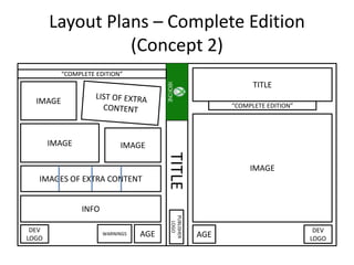 Layout Plans – Complete Edition
(Concept 2)
TITLE
IMAGE
IMAGES OF EXTRA CONTENT
IMAGE
INFO
AGEWARNINGS
DEV
LOGO AGE
DEV
LOGO
TITLE
PUBLISHER
LOGO
“COMPLETE EDITION”
“COMPLETE EDITION”
IMAGE
IMAGE
 