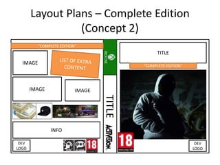 Layout Plans – Complete Edition
(Concept 2)
TITLE
IMAGE
IMAGE
INFO
DEV
LOGO
DEV
LOGO
TITLE
“COMPLETE EDITION”
“COMPLETE EDITION”
IMAGE
 