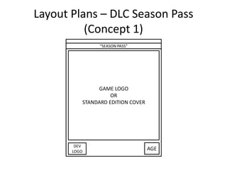 Layout Plans – DLC Season Pass
(Concept 1)
GAME LOGO
OR
STANDARD EDITION COVER
AGE
DEV
LOGO
“SEASON PASS”
 