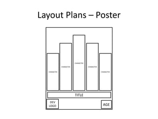 Layout Plans – Poster
TITLE
DEV
LOGO AGE
CHARACTER
CHARACTER
CHARACTER
CHARACTER
CHARACTER
 
