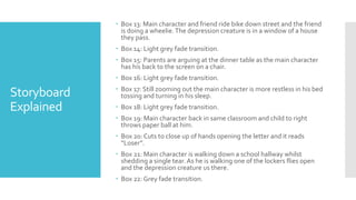 Storyboard
Explained
 Box 13: Main character and friend ride bike down street and the friend
is doing a wheelie.The depression creature is in a window of a house
they pass.
 Box 14: Light grey fade transition.
 Box 15: Parents are arguing at the dinner table as the main character
has his back to the screen on a chair.
 Box 16: Light grey fade transition.
 Box 17: Still zooming out the main character is more restless in his bed
tossing and turning in his sleep.
 Box 18: Light grey fade transition.
 Box 19: Main character back in same classroom and child to right
throws paper ball at him.
 Box 20: Cuts to close up of hands opening the letter and it reads
“Loser”.
 Box 21: Main character is walking down a school hallway whilst
shedding a single tear. As he is walking one of the lockers flies open
and the depression creature us there.
 Box 22: Grey fade transition.
 