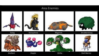 Area Enemies
Stalag Honeyshrew Magmole Shrubbersheep
Shellbert Hopple Ghillia Shell Warrior
 