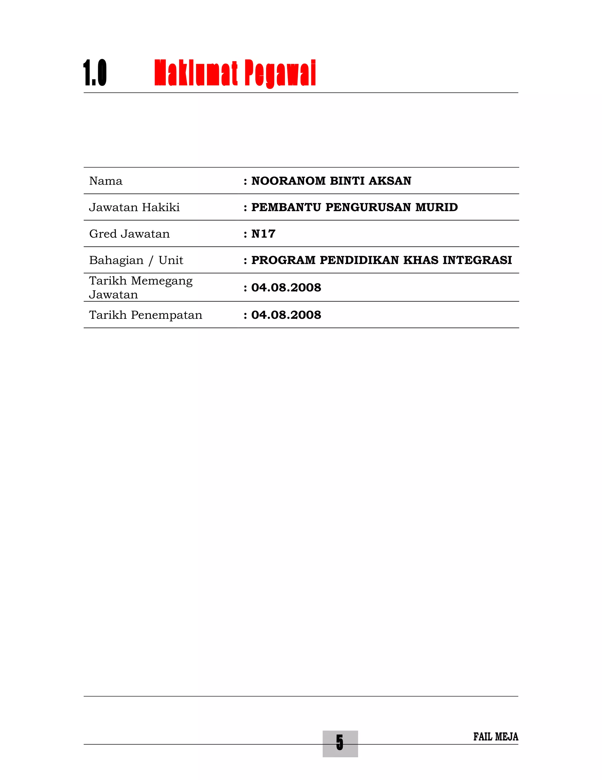 5
1.0 Maklumat Pegawai
Nama : NOORANOM BINTI AKSAN
Jawatan Hakiki : PEMBANTU PENGURUSAN MURID
Gred Jawatan : N17
Bahagian / Unit : PROGRAM PENDIDIKAN KHAS INTEGRASI
Tarikh Memegang
Jawatan
: 04.08.2008
Tarikh Penempatan : 04.08.2008
FAIL MEJA
 