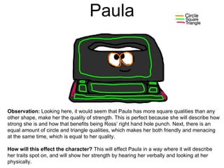 Paula
Observation: Looking here, it would seem that Paula has more square qualities than any
other shape, make her the quality of strength. This is perfect because she will describe how
strong she is and how that benefits being Ross’ right hand hole punch. Next, there is an
equal amount of circle and triangle qualities, which makes her both friendly and menacing
at the same time, which is equal to her quality.
How will this effect the character? This will effect Paula in a way where it will describe
her traits spot on, and will show her strength by hearing her verbally and looking at her
physically.
 