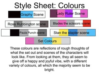 Style Sheet: Colours
Graphy Scene Lady Ruler Scene
Ross Rubbington scene Blades the scissors scene
Stan the stapler scene
Paula Punch scene
Set Colours
These colours are reflections of rough thoughts of
what the set out and scenes of the characters will
look like. From looking at them, they all seem to
give off a happy and joyful vibe, with a different
variety of colours, all which the majority seem to be
bright.
 