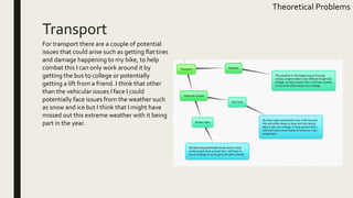 Transport
Theoretical Problems
For transport there are a couple of potential
issues that could arise such as getting flat tires
and damage happening to my bike, to help
combat this I can only work around it by
getting the bus to college or potentially
getting a lift from a friend. I think that other
than the vehicular issues I face I could
potentially face issues from the weather such
as snow and ice but I think that I might have
missed out this extreme weather with it being
part in the year.
 