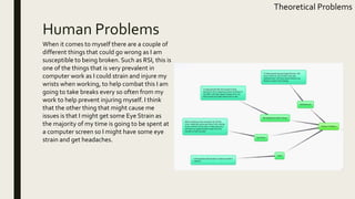 Human Problems
Theoretical Problems
When it comes to myself there are a couple of
different things that could go wrong as I am
susceptible to being broken. Such as RSI, this is
one of the things that is very prevalent in
computer work as I could strain and injure my
wrists when working, to help combat this I am
going to take breaks every so often from my
work to help prevent injuring myself. I think
that the other thing that might cause me
issues is that I might get some Eye Strain as
the majority of my time is going to be spent at
a computer screen so I might have some eye
strain and get headaches.
 