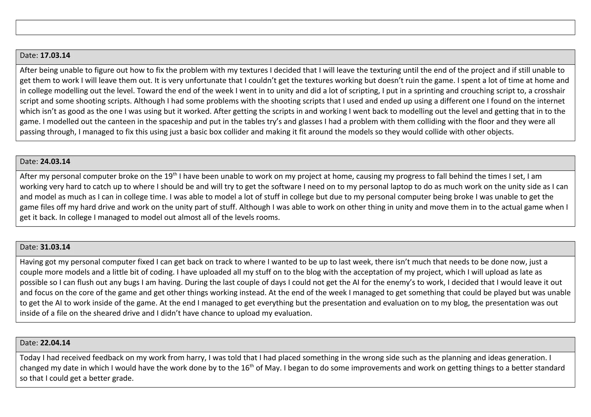 Date: 17.03.14
After being unable to figure out how to fix the problem with my textures I decided that I will leave the texturing until the end of the project and if still unable to
get them to work I will leave them out. It is very unfortunate that I couldn’t get the textures working but doesn’t ruin the game. I spent a lot of time at home and
in college modelling out the level. Toward the end of the week I went in to unity and did a lot of scripting, I put in a sprinting and crouching script to, a crosshair
script and some shooting scripts. Although I had some problems with the shooting scripts that I used and ended up using a different one I found on the internet
which isn’t as good as the one I was using but it worked. After getting the scripts in and working I went back to modelling out the level and getting that in to the
game. I modelled out the canteen in the spaceship and put in the tables try’s and glasses I had a problem with them colliding with the floor and they were all
passing through, I managed to fix this using just a basic box collider and making it fit around the models so they would collide with other objects.
Date: 24.03.14
After my personal computer broke on the 19th
I have been unable to work on my project at home, causing my progress to fall behind the times I set, I am
working very hard to catch up to where I should be and will try to get the software I need on to my personal laptop to do as much work on the unity side as I can
and model as much as I can in college time. I was able to model a lot of stuff in college but due to my personal computer being broke I was unable to get the
game files off my hard drive and work on the unity part of stuff. Although I was able to work on other thing in unity and move them in to the actual game when I
get it back. In college I managed to model out almost all of the levels rooms.
Date: 31.03.14
Having got my personal computer fixed I can get back on track to where I wanted to be up to last week, there isn’t much that needs to be done now, just a
couple more models and a little bit of coding. I have uploaded all my stuff on to the blog with the acceptation of my project, which I will upload as late as
possible so I can flush out any bugs I am having. During the last couple of days I could not get the AI for the enemy’s to work, I decided that I would leave it out
and focus on the core of the game and get other things working instead. At the end of the week I managed to get something that could be played but was unable
to get the AI to work inside of the game. At the end I managed to get everything but the presentation and evaluation on to my blog, the presentation was out
inside of a file on the sheared drive and I didn’t have chance to upload my evaluation.
Date: 22.04.14
Today I had received feedback on my work from harry, I was told that I had placed something in the wrong side such as the planning and ideas generation. I
changed my date in which I would have the work done by to the 16th
of May. I began to do some improvements and work on getting things to a better standard
so that I could get a better grade.
 