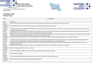 Salford City College
Eccles Sixth Form Centre
BTec Level 3
Extended Diploma in Creative Media Production
Games Design
Final Major Project
Production Log
Name David Sharples
Date Comments
Tuesday
18.02.13
Began research into games, seeing which game genre is the most popular and seeing how many people prefer FPS Games overall
Wednesday
19.02.13
Continued to research into first person shooter games and started to look at why they are so popular.
Thursday
20.02.13
I made a questionnaire on the website Survey Monkey to determine which genre is the most popular. I created this online survey to post onto various websites and forums so I
could get a wide range of answers
Friday
21.02.13
I collected the results of the survey that I made on Survey Monkey from the various websites that I posted it onto and it conformed what my previous research had led me to
believe, That First Person Shooters are one of the most popular game genres on the market
Tuesday
26.02.13
Completed a powerpoint presentation showing all the research I have found that proves that First Person Shooters are one of the best genres, in the presentation are a number
of graphs I made from the questionnaire answers I got as well as the questionnaire itself
Wednesday
27.02.13
I started the idea generation for my game, finding images online that has features I think would be really good to implement into my game somehow
Thursday
28.02.13
I continued with the idea generation for my game thinking about all the different features my game could include, this is when I created a mood board of images of different
medias that include elements that are relevent to my game, such as the time that image was set in or the graphical style
Friday
29.02.13
Continuing with my ideas generation I created a mind map that explains all the features that my game could include. After finishing the mind map I posted all of the ideas
generation onto my blog.
Tuesday
05.03.13
Started working on my presentation for my pitch, I plan to talk about all the research I have conducted and my ideas for my game
Wednesday
06.03.13
Completed my pitch and put the video on my blog
Thursday
07.03.13
Scanned and blogged the original document of the agreement between me and my team manager
Friday
08.03.13
Started working on budget
Tuesday
12.03.13
Continued working on budget, figuring out hourly rate and what things would cost (e.g. food toiletries etc.)
Wednesday
13.03.13
Started to plan my game figuring out what I would need for my game
 